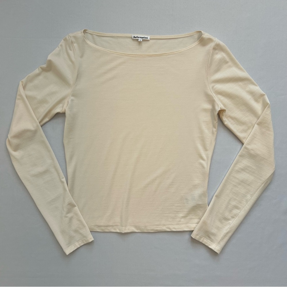 Reformation Wiley Knit Top Long Sleeve Boat Neck Cream Large